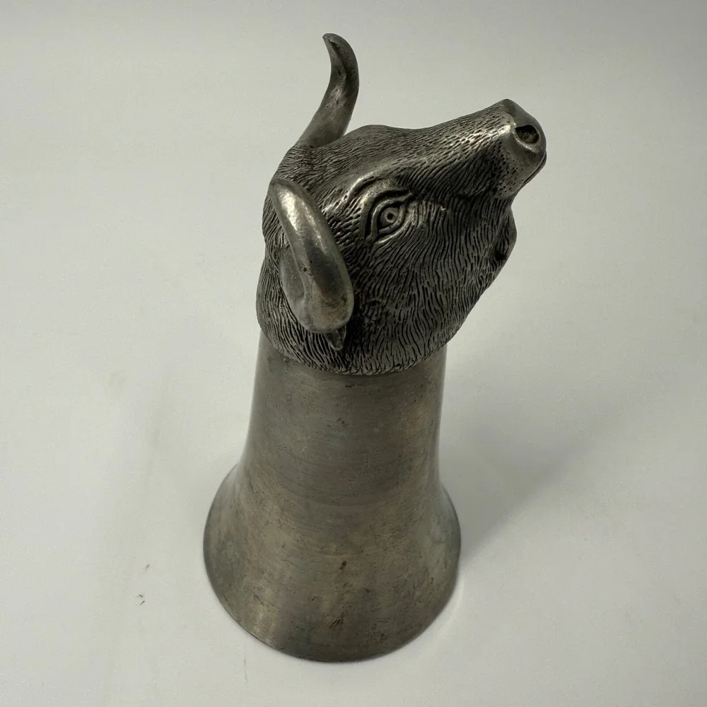 Vintage Pewter Bull Steer Head‎ Stirrup Cup 5 Inch Tall Hunting Cabin Barware